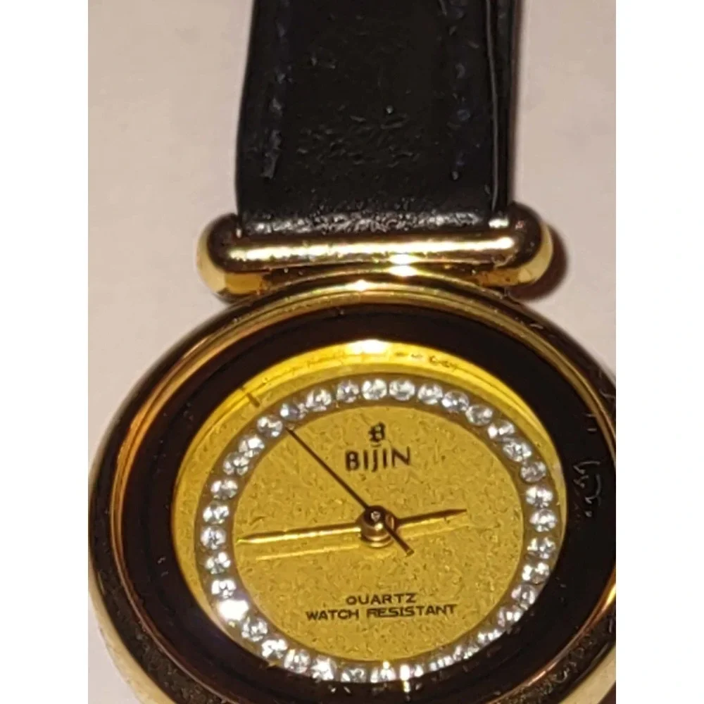 Bijin Japan Quartz Watch Womens Gold Tone Crystal Bezel Black Leather Strap